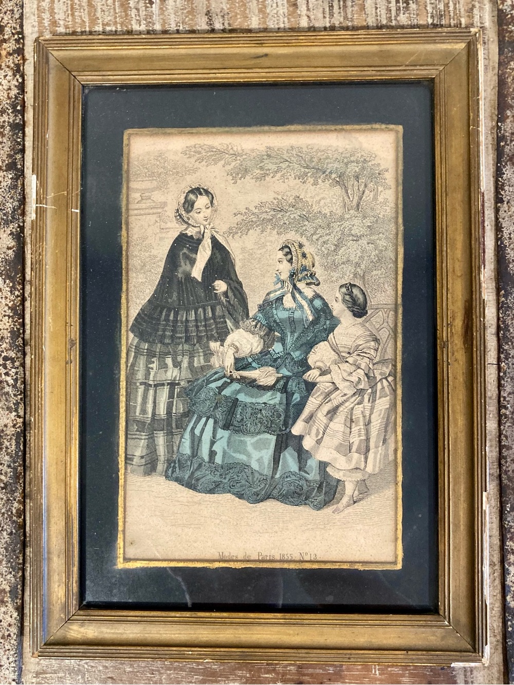 Vintage French Fashion Print “Modes De Paris 1855 No 13” in Gold Tone Frame